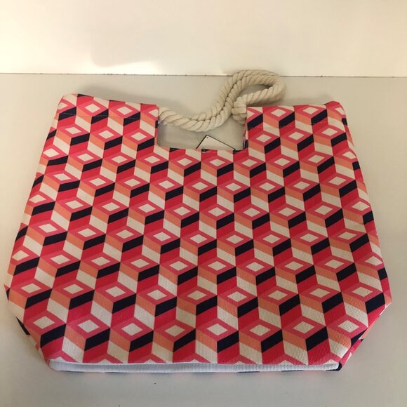 Macy’s Tote Bag Pink Navy Large Beach Travel Canvas Shoulder Rope Handles NEW - Picture 2 of 6